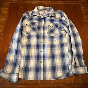 Wrangler Men's Medium Blue White Plaid Long Sleeve Button Down Western Shirt